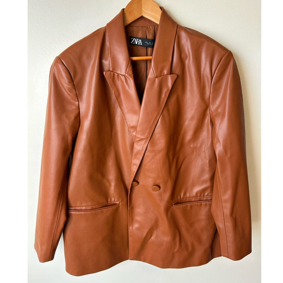 Zara Faux-Leather Blazer Jacket Double Breasted Oversized Fit Saddle Size Large - Picture 1 of 3